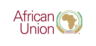 African Union logo. The image shows the words "African Union" in large maroon letters on the left side. To the right, there is a circular emblem with a gold outline of the African continent inside, surrounded by green and gold shapes forming a border.